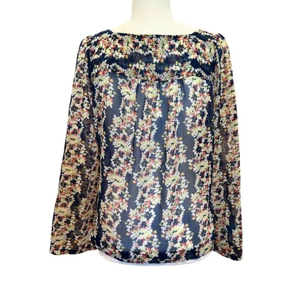 Jessica Simpson Floral Sheer Crop Top Blouse M Long Sleeve Navy Blue & Multicol - Picture 6 of 8
